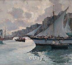 Italian Port Marine Scene with Sailboats Impressionist Oil Painting Signed