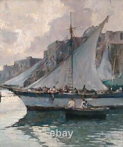 Italian Port Marine Scene with Sailboats Impressionist Oil Painting Signed