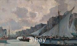 Italian Port Marine Scene with Sailboats Impressionist Oil Painting Signed