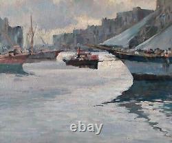 Italian Port Marine Scene with Sailboats Impressionist Oil Painting Signed