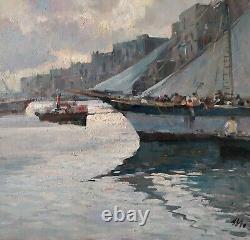Italian Port Marine Scene with Sailboats Impressionist Oil Painting Signed