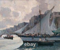 Italian Port Marine Scene with Sailboats Impressionist Oil Painting Signed