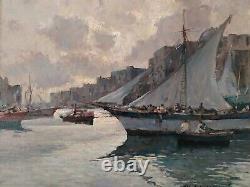 Italian Port Marine Scene with Sailboats Impressionist Oil Painting Signed