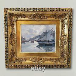 Italian Port Marine Scene with Sailboats Impressionist Oil Painting Signed