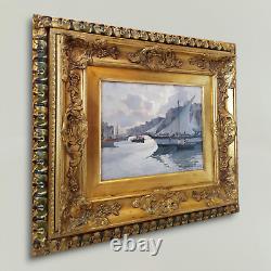 Italian Port Marine Scene with Sailboats Impressionist Oil Painting Signed