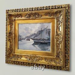 Italian Port Marine Scene with Sailboats Impressionist Oil Painting Signed