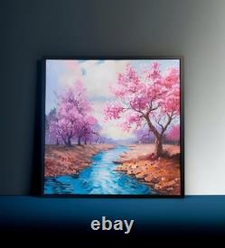 Japanese Cherry Blossoms Hand-Painted Oil on Canvas 60 x 60 cm Mounted on Stretcher