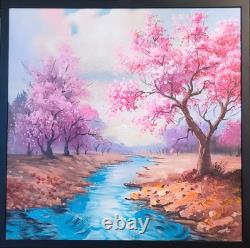 Japanese Cherry Blossoms Hand-Painted Oil on Canvas 60 x 60 cm Mounted on Stretcher