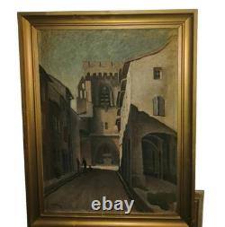 Joseph BERAUD oil on plywood, Busy Street, Villeneuve-lès-Avignon, signed
