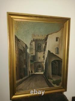 Joseph BERAUD oil on plywood, Busy Street, Villeneuve-lès-Avignon, signed