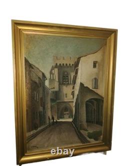 Joseph BERAUD oil on plywood, Busy Street, Villeneuve-lès-Avignon, signed