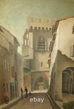 Joseph BERAUD oil on plywood, Busy Street, Villeneuve-lès-Avignon, signed