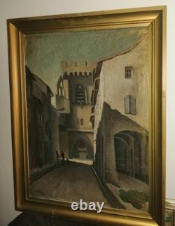Joseph BERAUD oil on plywood, Busy Street, Villeneuve-lès-Avignon, signed