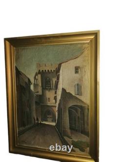 Joseph BERAUD oil on plywood, Busy Street, Villeneuve-lès-Avignon, signed