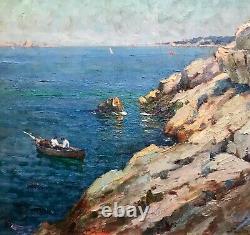 Jules Brunetaut Table Marine Oil On Panel Boats Fishermen Rade Marseille