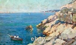 Jules Brunetaut Table Marine Oil On Panel Boats Fishermen Rade Marseille