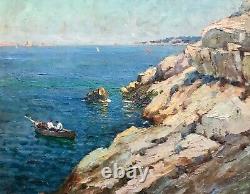 Jules Brunetaut Table Marine Oil On Panel Boats Fishermen Rade Marseille