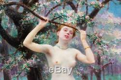 Jules Scalbert 1851-1933 Nude Woman Under The Apple Trees Oil On Wood Chalkboard