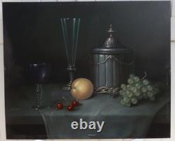 Kiss Endre 1947 Large & Fine Painting - Composition With Fruits Glasses Tin