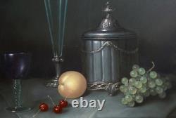 Kiss Endre 1947 Large & Fine Painting - Composition With Fruits Glasses Tin