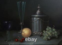 Kiss Endre 1947 Large & Fine Painting - Composition With Fruits Glasses Tin