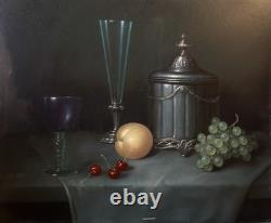 Kiss Endre 1947 Large & Fine Painting - Composition With Fruits Glasses Tin