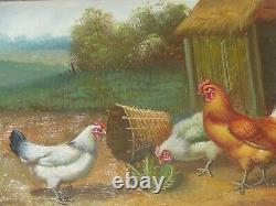 LIFE IN THE COUNTRYSIDE HENS & ROOSTER BEAUTIFUL LITTLE WOODEN PAINTING Signed HENRY
