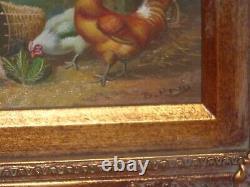LIFE IN THE COUNTRYSIDE HENS & ROOSTER BEAUTIFUL LITTLE WOODEN PAINTING Signed HENRY
