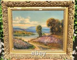 LOUIS ROGER. Riverbank Landscape. Oil painting on wood panel