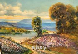 LOUIS ROGER. Riverbank Landscape. Oil painting on wood panel