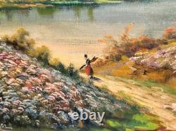 LOUIS ROGER. Riverbank Landscape. Oil painting on wood panel