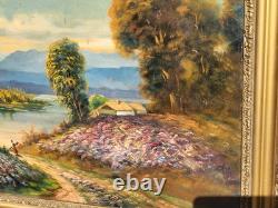 LOUIS ROGER. Riverbank Landscape. Oil painting on wood panel