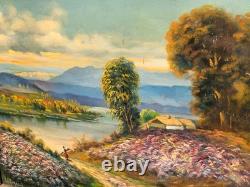LOUIS ROGER. Riverbank Landscape. Oil painting on wood panel