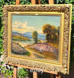 LOUIS ROGER. Riverbank Landscape. Oil painting on wood panel