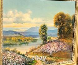 LOUIS ROGER. Riverbank Landscape. Oil painting on wood panel
