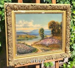LOUIS ROGER. Riverbank Landscape. Oil painting on wood panel