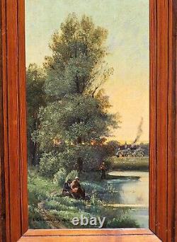 L. CAPDEVIELLE. Riverside Landscape Animated Oil Painting on Wood Panel