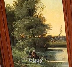 L. CAPDEVIELLE. Riverside Landscape Animated Oil Painting on Wood Panel