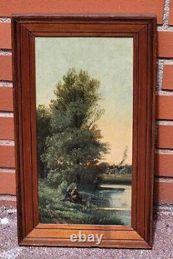 L. CAPDEVIELLE. Riverside Landscape Animated Oil Painting on Wood Panel