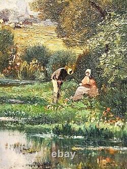 L. CAPDEVIELLE. Riverside Landscape Animated Oil Painting on Wood Panel