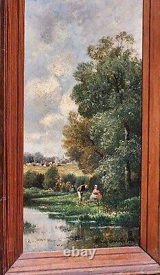 L. CAPDEVIELLE. Riverside Landscape Animated Oil Painting on Wood Panel