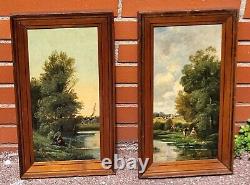 L. CAPDEVIELLE. Riverside Landscape Animated Oil Painting on Wood Panel