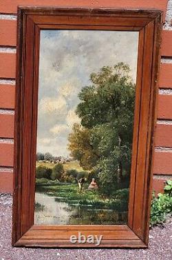 L. CAPDEVIELLE. Riverside Landscape Animated Oil Painting on Wood Panel