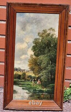 L. CAPDEVIELLE. Riverside Landscape Animated Oil Painting on Wood Panel