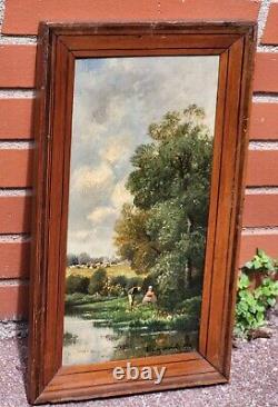 L. CAPDEVIELLE. Riverside Landscape Animated Oil Painting on Wood Panel