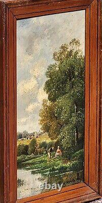 L. CAPDEVIELLE. Riverside Landscape Animated Oil Painting on Wood Panel