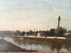 La Seine On The Croissy Side (78) Ancient Oil On Wood, Signed And Located