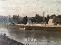 La Seine On The Croissy Side (78) Ancient Oil On Wood, Signed And Located