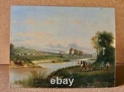 Lakeside Landscape - Landscape with Boat and Plowmen - 19th Century Oil on Cardboard