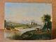 Lakeside Landscape - Landscape With Boat And Plowmen - 19th Century Oil On Cardboard